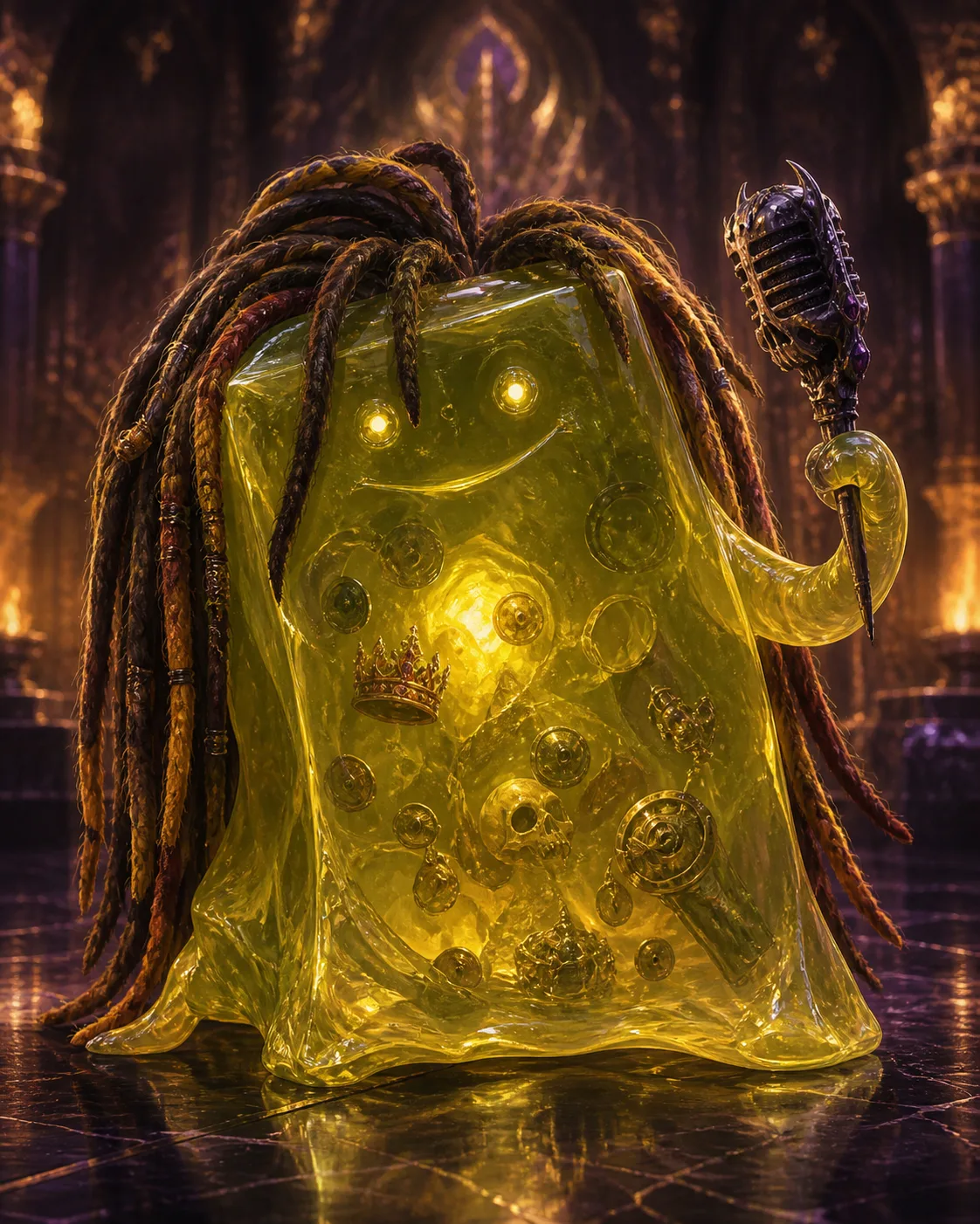 A translucent yellow slime creature with long brown dreadlocks, holding an ornate vintage microphone, surrounded by gold artifacts.