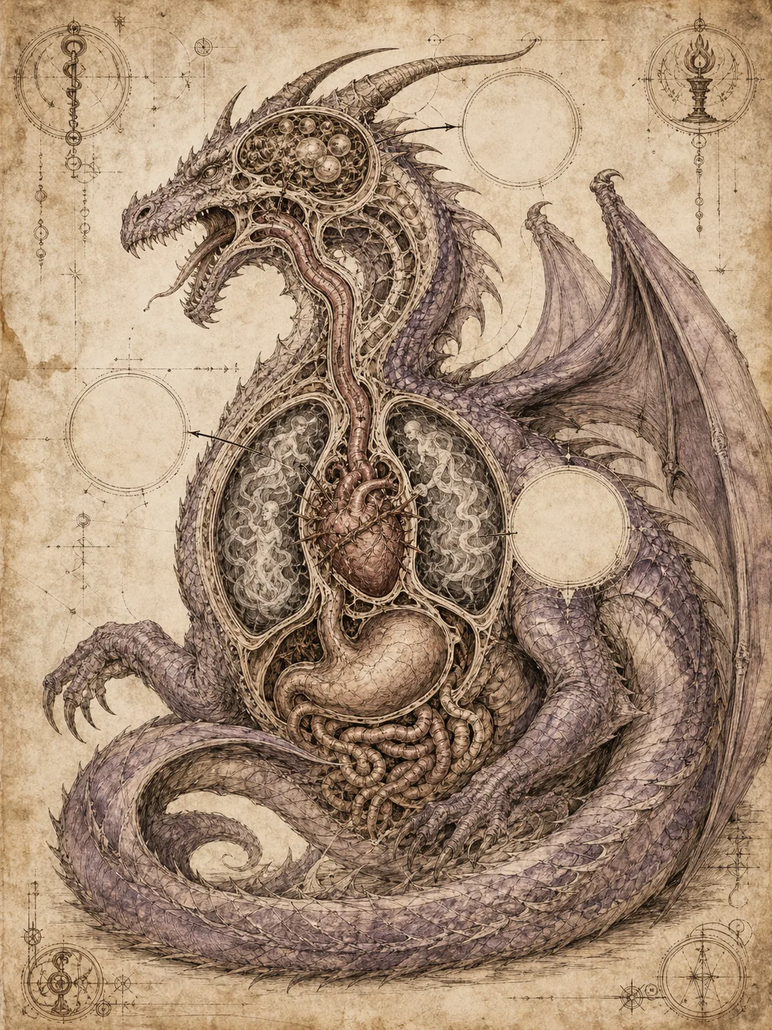 Renaissance-style anatomical codex illustration of a dragon, drawn in faded inks on aged parchment.