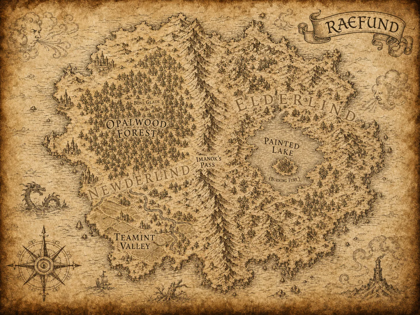 Hand-drawn parchment map of Raefund, showing Newderland in the west, Elderlind in the east, Opalwood Forest, Painted Lake, Imanok's Pass, and Teamint Valley.